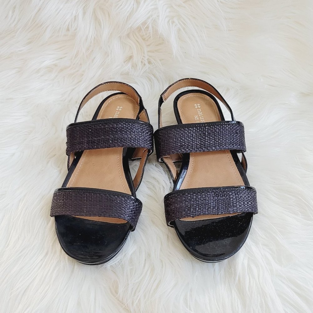 Naturalizer N5 Comfort Frazzle Cork Wedge Sandals Minimal Black Textured 6.5 NEW